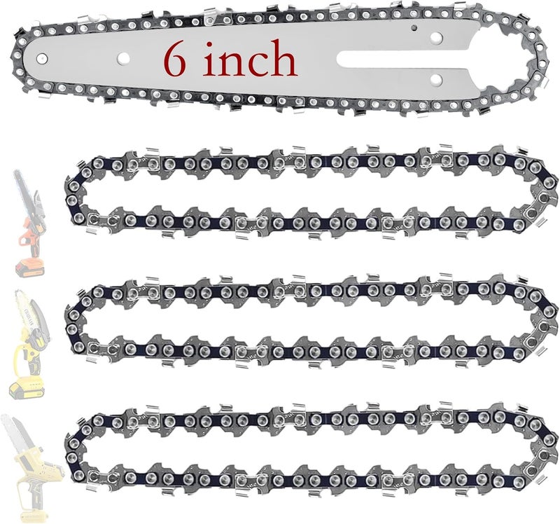 JINFFR 6 Inch Chainsaw Chain and Guide Bar, Replacement Chain Saw Bar and Chains for 6 inch Mini Cordless Electric Portable Handheld Chainsaw for Wood Cutting (4 Chains + 1 Bar) - Image 1